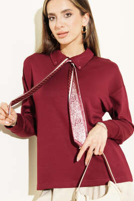 Fularlı Gömlek Yaka Loyşa Sweatshirt Bordo - DİVON
