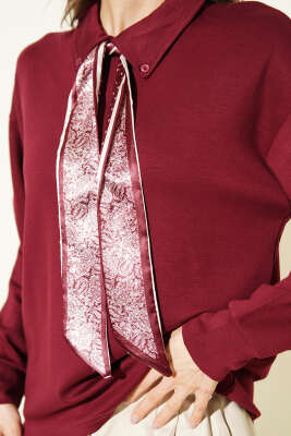 Fularlı Gömlek Yaka Loyşa Sweatshirt Bordo - Kadın Giyim Modelleri