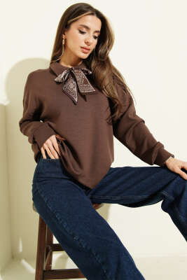 Fularlı Gömlek Yaka Loyşa Sweatshirt Kahve - DİVON