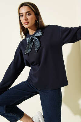 Fularlı Gömlek Yaka Loyşa Sweatshirt Lacivert - DİVON