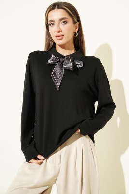 Fularlı Gömlek Yaka Loyşa Sweatshirt Siyah - DİVON