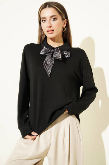 Fularlı Gömlek Yaka Loyşa Sweatshirt Siyah - Kadın Giyim Modelleri