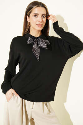 Fularlı Gömlek Yaka Loyşa Sweatshirt Siyah - Kadın Giyim Modelleri