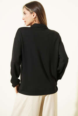 Fularlı Gömlek Yaka Loyşa Sweatshirt Siyah - Kadın Giyim Modelleri