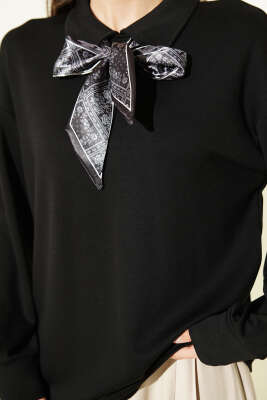 Fularlı Gömlek Yaka Loyşa Sweatshirt Siyah - Kadın Giyim Modelleri