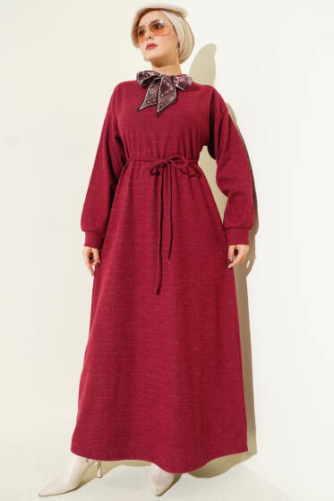 Fularlı İp Bağcık Detaylı Elbise Bordo - Elbise