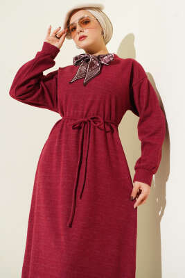 Fularlı İp Bağcık Detaylı Elbise Bordo - Elbise