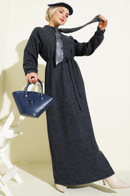 Fularlı İp Bağcık Detaylı Elbise Füme - NESSİA