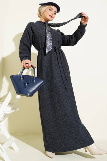 Fularlı İp Bağcık Detaylı Elbise Füme - Elbise