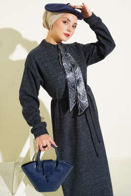 Fularlı İp Bağcık Detaylı Elbise Füme - Elbise