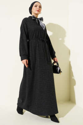 Fularlı İp Bağcık Detaylı Elbise Siyah - NESSİA