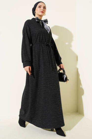 Fularlı İp Bağcık Detaylı Elbise Siyah - Elbise
