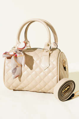 Fularlı Kapitone Mini Kadın El Çantası Bej 