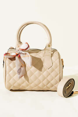 Fularlı Kapitone Mini Kadın El Çantası Bej - Kol Çantası