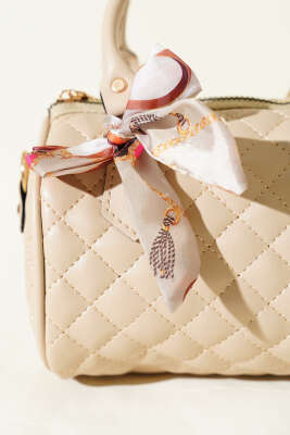 Fularlı Kapitone Mini Kadın El Çantası Bej - Kol Çantası