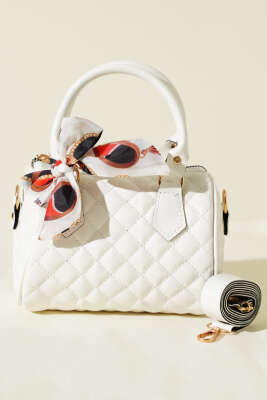 Fularlı Kapitone Mini Kadın El Çantası Beyaz - Kol Çantası