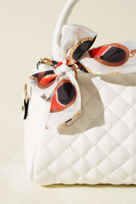 Fularlı Kapitone Mini Kadın El Çantası Beyaz - Kol Çantası