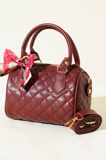 Fularlı Kapitone Mini Kadın El Çantası Bordo - Kol Çantası