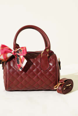 Fularlı Kapitone Mini Kadın El Çantası Bordo - Kol Çantası