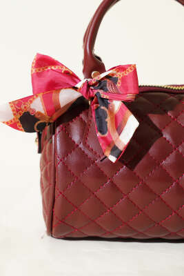 Fularlı Kapitone Mini Kadın El Çantası Bordo - Kol Çantası