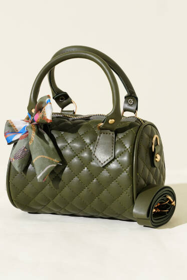 Fularlı Kapitone Mini Kadın El Çantası Haki - Kol Çantası