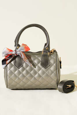 Fularlı Kapitone Mini Kadın El Çantası Platin - Kol Çantası