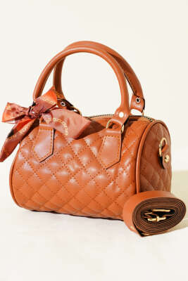 Fularlı Kapitone Mini Kadın El Çantası Taba 