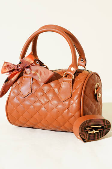 Fularlı Kapitone Mini Kadın El Çantası Taba - Kol Çantası