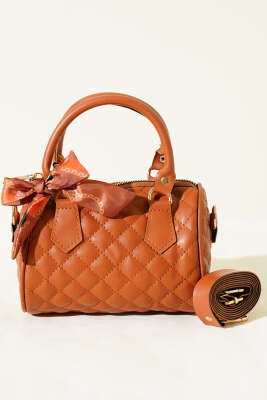 Fularlı Kapitone Mini Kadın El Çantası Taba - Kol Çantası