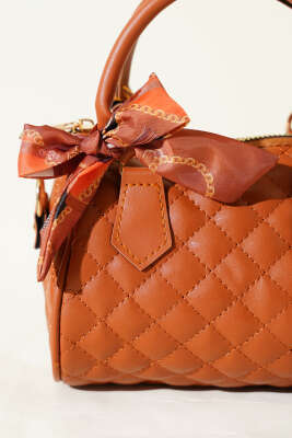 Fularlı Kapitone Mini Kadın El Çantası Taba - Kol Çantası