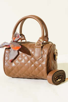 Fularlı Kapitone Mini Kadın El Çantası Vizon 