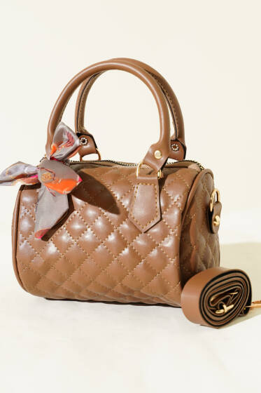 Fularlı Kapitone Mini Kadın El Çantası Vizon - Kol Çantası