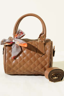 Fularlı Kapitone Mini Kadın El Çantası Vizon - Kol Çantası