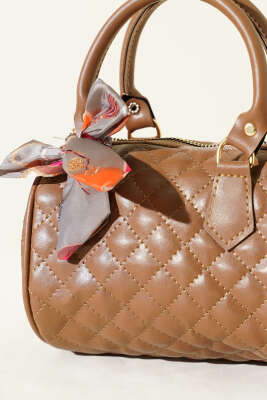 Fularlı Kapitone Mini Kadın El Çantası Vizon - Kol Çantası