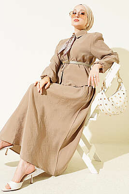 Fularlı Kemerli Etekli İkili Takım Bej - İkili Takım
