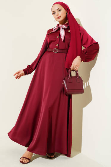 Fularlı Kemerli Saten Abiye Elbise Bordo - Elbise