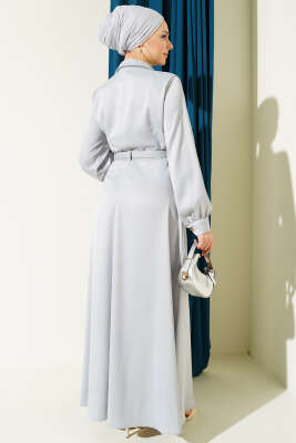 Fularlı Kemerli Saten Abiye Elbise Gri - Elbise