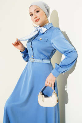 Fularlı Kemerli Saten Abiye Elbise Mavi - Elbise