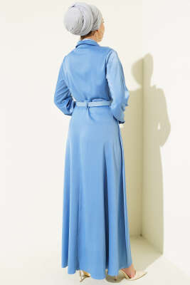 Fularlı Kemerli Saten Abiye Elbise Mavi - Elbise