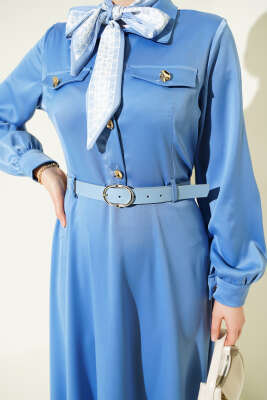 Fularlı Kemerli Saten Abiye Elbise Mavi - Elbise