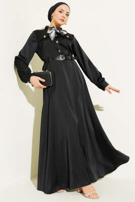 Fularlı Kemerli Saten Abiye Elbise Siyah - BERAT TEKSTİL