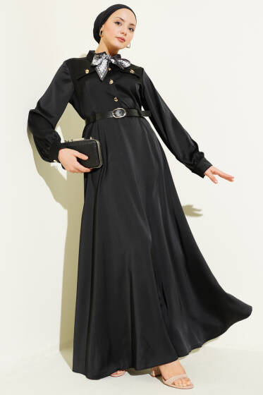 Fularlı Kemerli Saten Abiye Elbise Siyah - Elbise