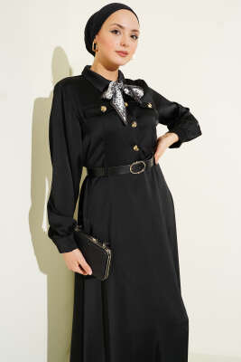 Fularlı Kemerli Saten Abiye Elbise Siyah - Elbise