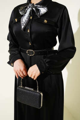 Fularlı Kemerli Saten Abiye Elbise Siyah - Elbise