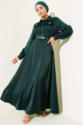Fularlı Kemerli Saten Abiye Elbise Zümrüt - Elbise
