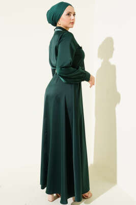Fularlı Kemerli Saten Abiye Elbise Zümrüt - Elbise