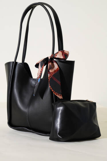 Fularlı Makyaj Çantalı Kol Çanta Siyah - Kol Çantası