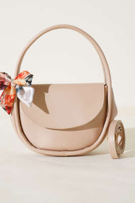 Fularlı Mıknatıslı Oval Çanta Bej - Kol Çantası