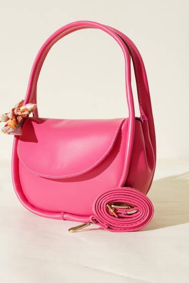 Fularlı Mıknatıslı Oval Çanta Fuşya - Kol Çantası