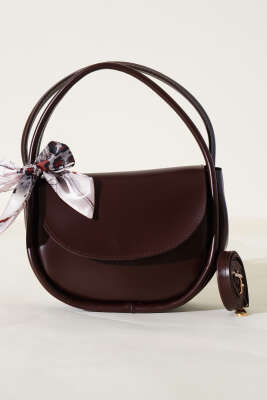 Fularlı Mıknatıslı Oval Çanta Kahve - Kol Çantası